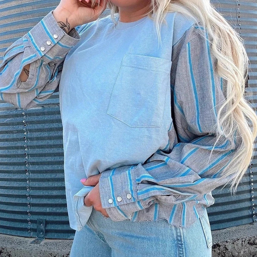 Damen nan Langarmshirt im Lagenlook mit Brusttasche und gestreiften Hemdärmeln Echo Archiv