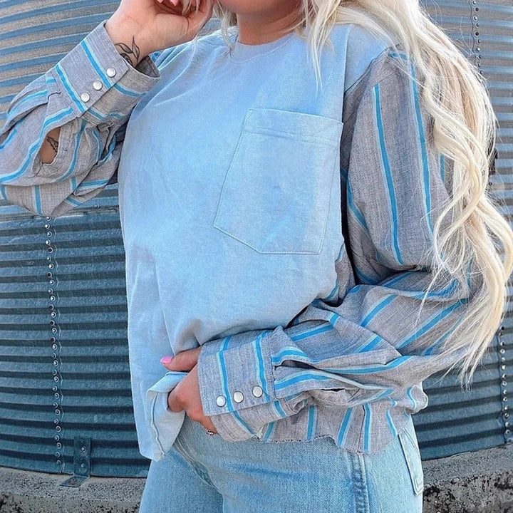 Damen nan Langarmshirt im Lagenlook mit Brusttasche und gestreiften Hemdärmeln Echo Archiv