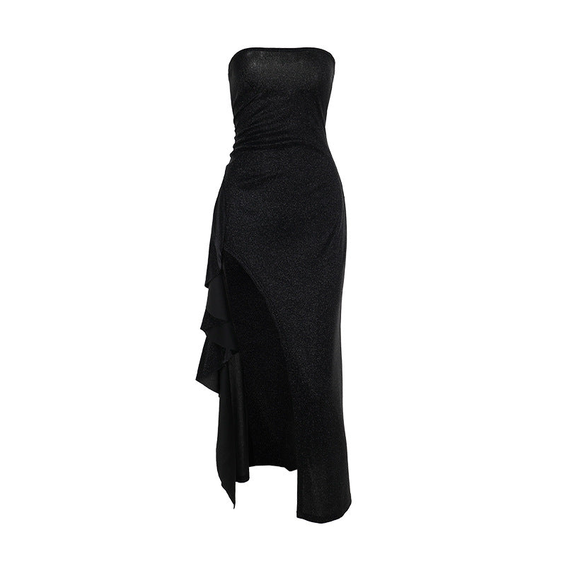 Damen elegantes schulterfreies Abendkleid mit asymmetrischem Volant Echo Archiv