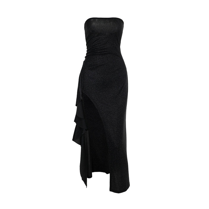 Damen elegantes schulterfreies Abendkleid mit asymmetrischem Volant Echo Archiv