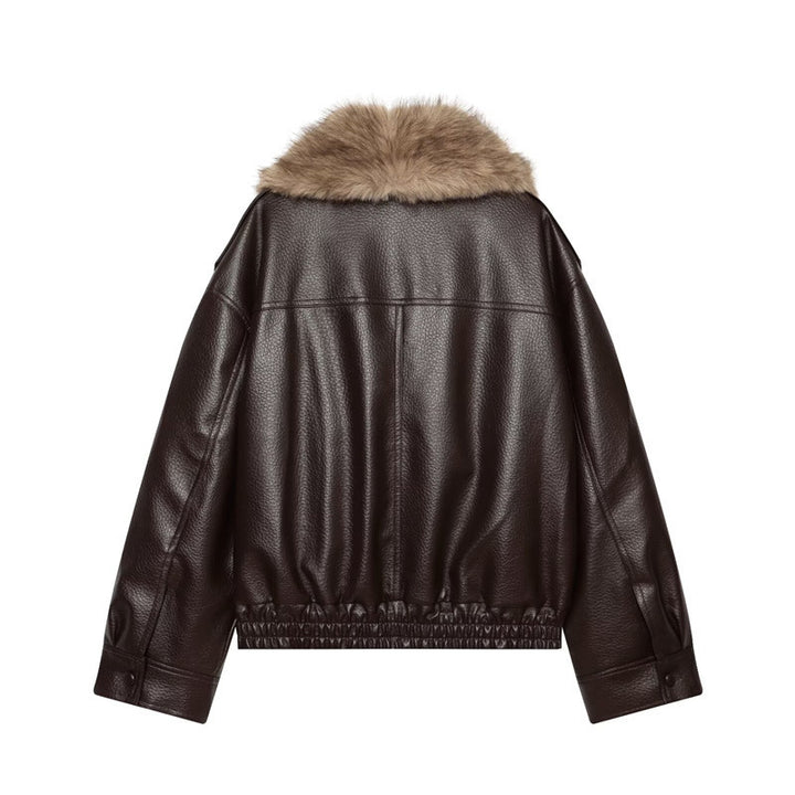 Damen Kurz geschnittene Lederjacke mit vollem Pelzkragen und elastischem Saum Echo Archiv