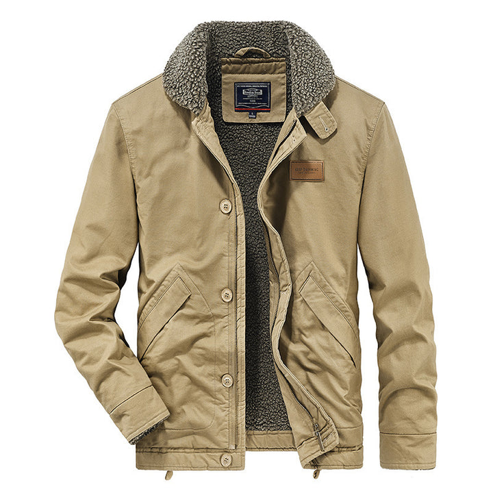 Herren Canvas-Workerjacke mit durchgehendem Teddyfutter, Stehkragen und Kordelzug – Taviero