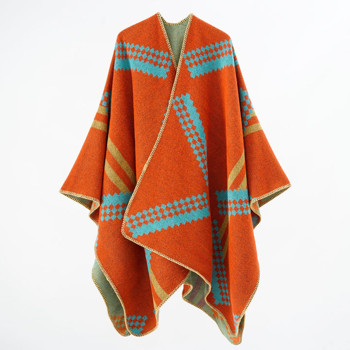 Damen Oversize-Umhangponcho aus Wollmix mit geometrischem Jacquard und Ziernaht – Célinea
