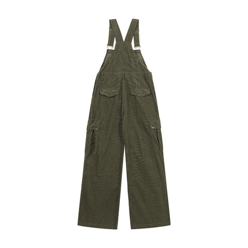 Damen Lässige Cord-Latzhose mit weitem Bein, Cargo-Taschen und verstellbaren Trägern Echoarchiv