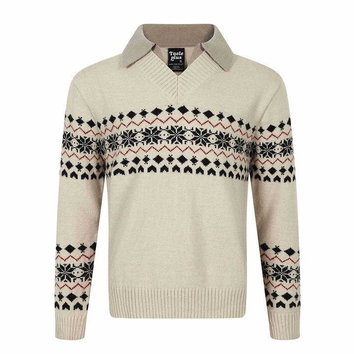 Herren Norweger-Strickpullover mit V‑Ausschnitt und kontrastierendem Hemdkragen Echoarchiv