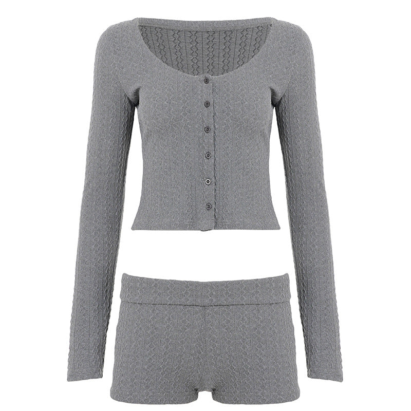 Damen nan geripptes Lounge-Set mit U-Ausschnitt Cropped-Cardigan und Highwaist-Shorts Echo Archiv