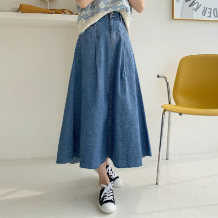 Damen Langer Jeans-Culotte-Rock mit hoher Taille, kastiger A-Linien-Silhouette und Eingrifftaschen – Dénora