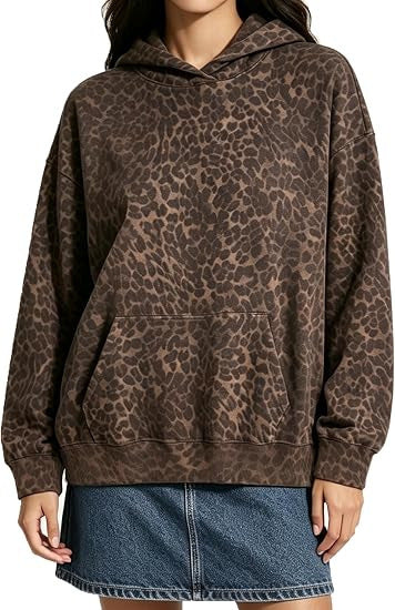 Damen Oversize-Kapuzenpullover mit Leomuster, Kängurutasche und überschnittener Schulter Echo Archiv