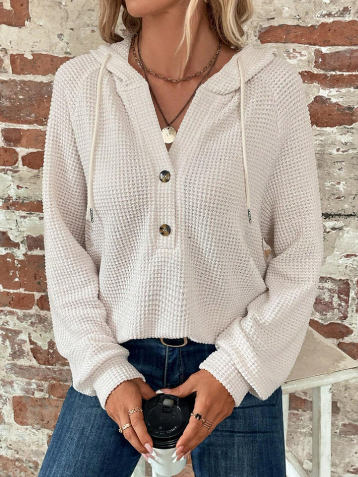 Damen Waffelstrick Kapuzenpullover mit Knopfleiste und Rüschenkragen Echoarchiv