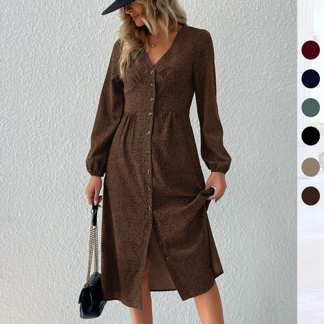 Damen V‑Ausschnitt Midikleid mit Knopfleiste, taillierter Schnitt und Ballonärmeln Echoarchiv