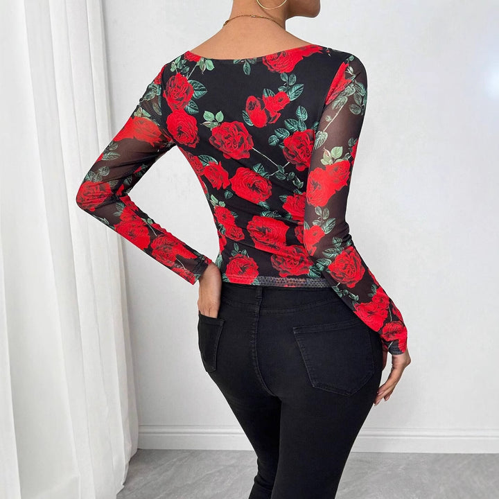 Damen nan figurnahes Stretchshirt mit quadratischem Ausschnitt, feiner Meshstruktur und großflächigem Rosenprint Echo Archiv