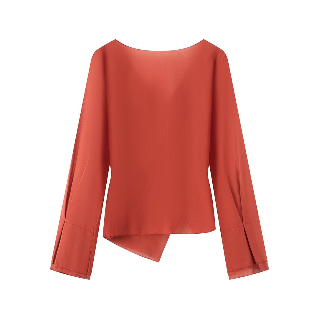 Damen Wickelbluse mit asymmetrischer Vorderseite, V‑Ausschnitt und Bindegürtel Echo Archiv