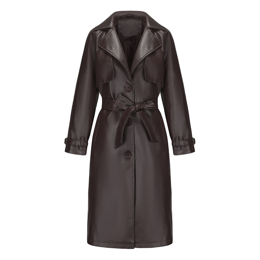 Damen nan langer taillierter Kunstleder-Trenchcoat mit Bindegürtel Echo Archiv