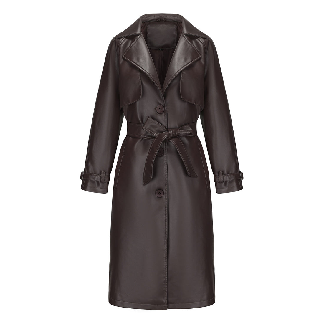 Damen langer taillierter Kunstleder-Trenchcoat mit Bindegürtel – Avérine