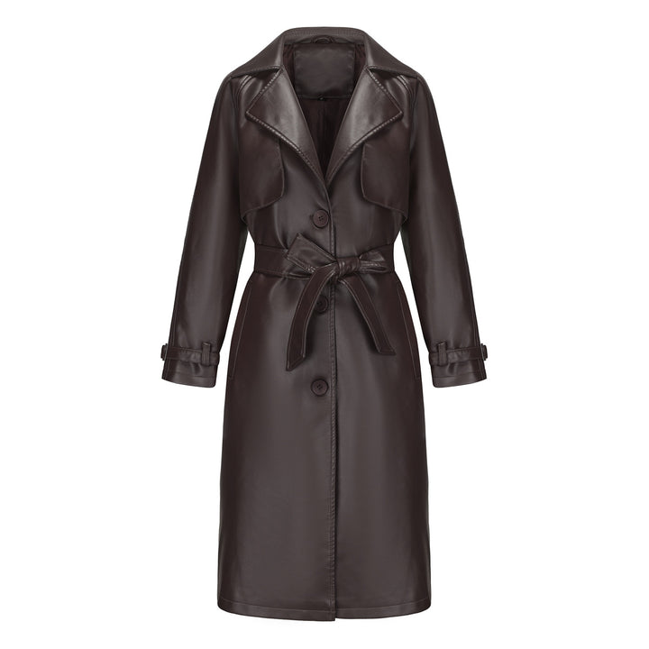 Damen nan langer taillierter Kunstleder-Trenchcoat mit Bindegürtel Echo Archiv