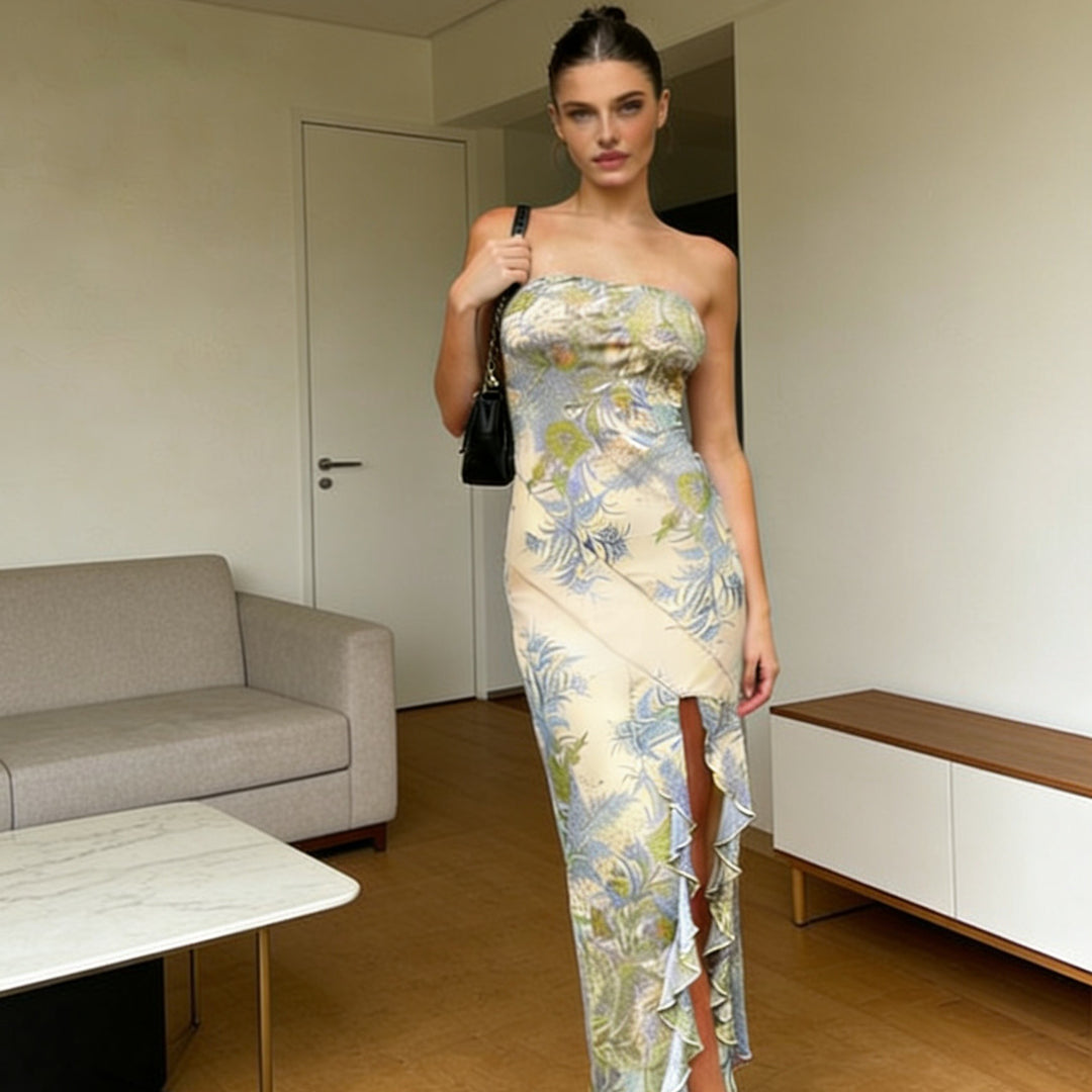 Damen Strapless Maxikleid mit Rüschen und floralem Muster Echo Archiv