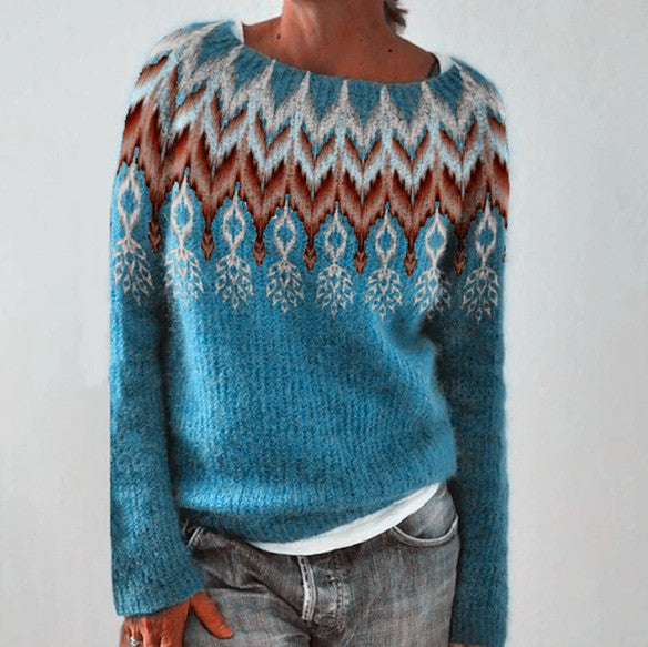 Damen nan gemusterter Norwegerstrickpullover mit weitem Rundhalsausschnitt und lässigem Oversize-Schnitt Echo Archiv