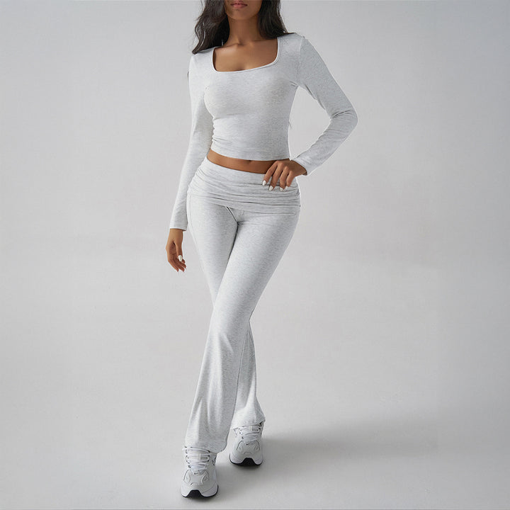 Damen figurbetontes Cropped-Set mit langärmeligem Top mit quadratischem Ausschnitt und ausgestellter High‑Waist Yoga-Hose – Avérine