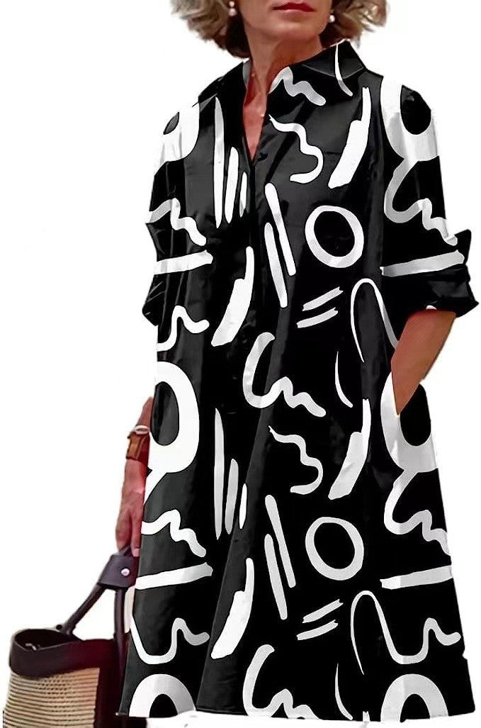 Damen nan A-Linien Hemdblusenkleid mit aufgekrempelten 3/4-Ärmeln und seitlichen Eingrifftaschen Echo Archiv