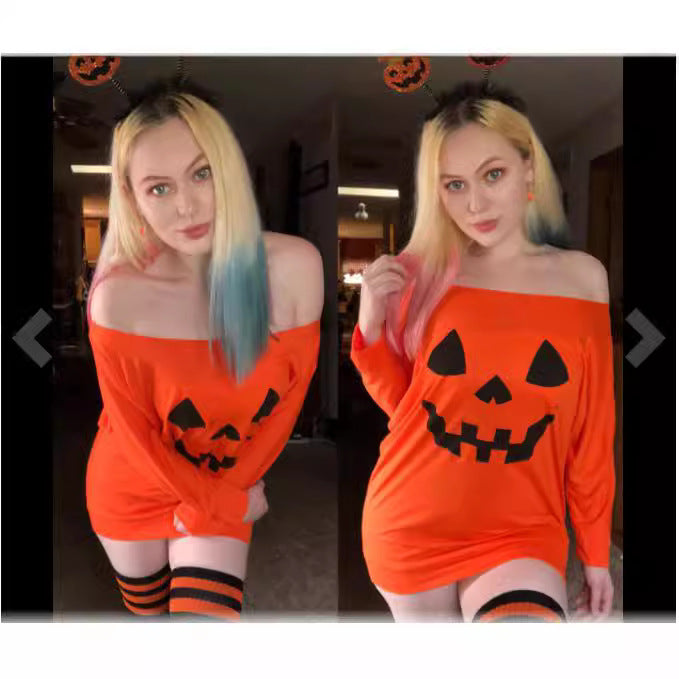 Damen Oversize Off-Shoulder Strickpullover mit Halloween-Kürbismotiv Echo Archiv