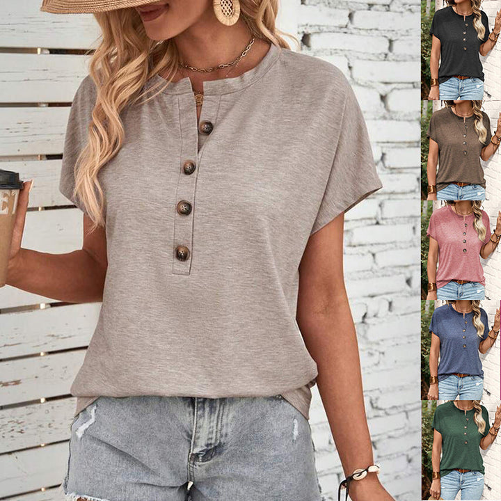 Damen lässiges T-Shirt mit Knopfleiste und kurzem Ärmel Echoarchiv