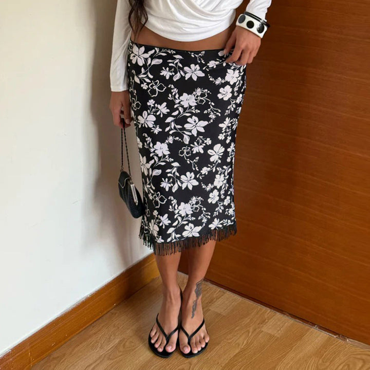 Damen Midirock Bleistiftrock mit floralem Print und Fransenbesatz Echo Archiv