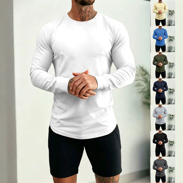 Herren Enganliegendes Langarm-Shirt aus Baumwollstretch mit Rundhals – Orvano