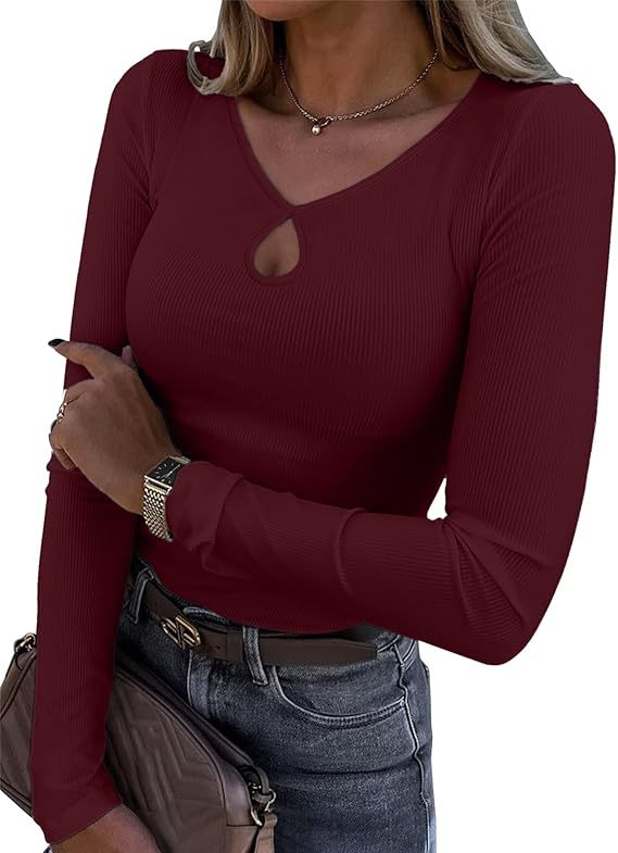 Damen Tailliertes geripptes Langarmshirt mit V-Ausschnitt und Tropfen-Cut-Out Echo Archiv