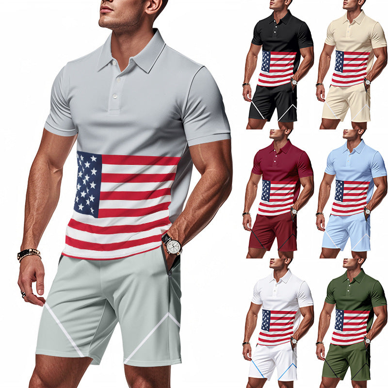 Herren Polo- und Shorts-Set mit Flaggenmotiv und elastischem Bund Echoarchiv