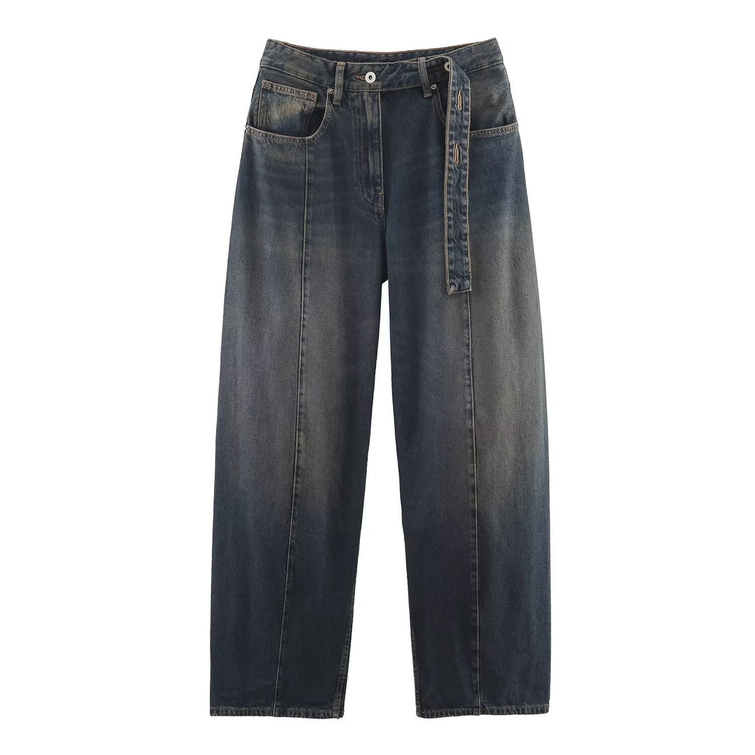 Damen Weite hochtaillierte Culotte-Hose mit Ziernaht, aufgesetzten Taschen und Bindegürtel Echo Archiv