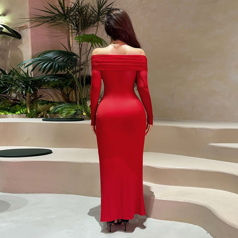 Damen Off-Shoulder Abendkleid mit drapiertem Stoff und transparenten Ärmeln Echo Archiv