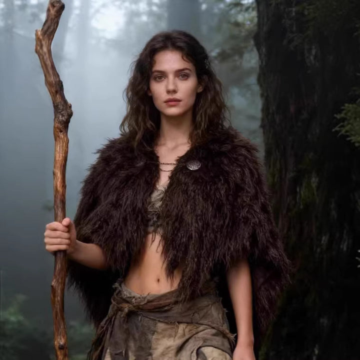Damen Wikinger‑inspiriertes Faux‑Fur‑Cape mit rustikaler Fransenoptik und Schulterüberwurf Echo Archiv