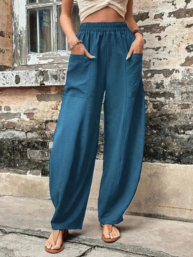 Damen Weite Leinenhose mit elastischem Bund, aufgesetzten Taschen und lässigem Harem-Schnitt Echoarchiv