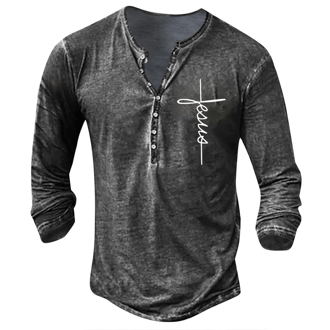 Herren Langarm Henley-Shirt mit kreativem Grafikdruck Echoarchiv