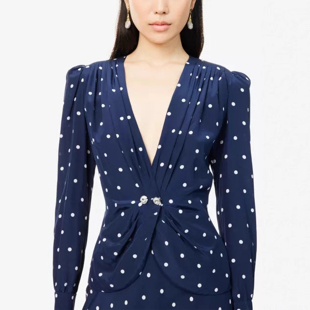 Damen Elegantes Polka-Dot Maxikleid mit tiefem V-Ausschnitt Echo Archiv