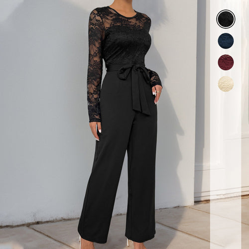 Damen Spitzen-Einteiler mit Taillengürtel und weitem Bein – Solévia