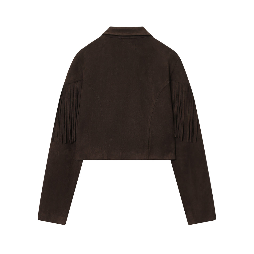Damen kurze Wildlederjacke mit Reverskragen, kastigem Cropped‑Schnitt und dekorativen Fransen – Célinea