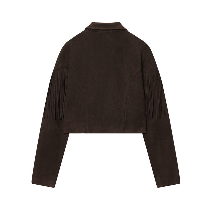 Damen kurze Wildlederjacke mit Reverskragen, kastigem Cropped‑Schnitt und dekorativen Fransen – Célinea