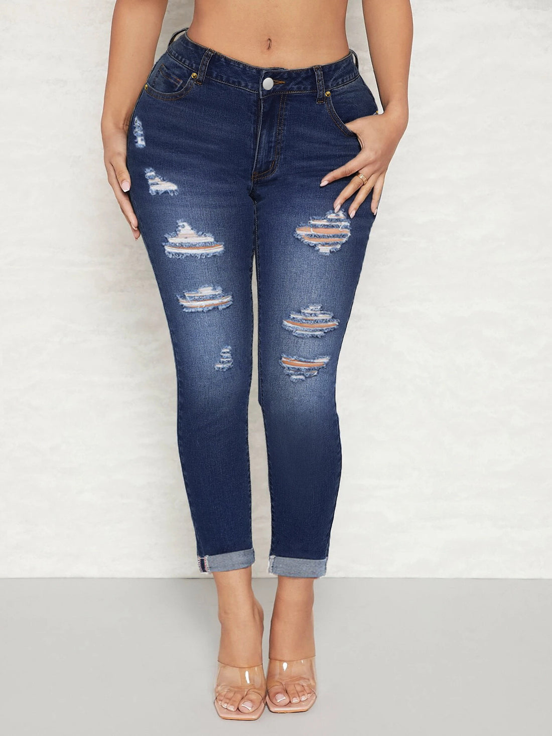 Damen Hochtaillierte Skinny-Jeans mit Destroyed-Einsätzen und umgeschlagenem Saum Echo Archiv