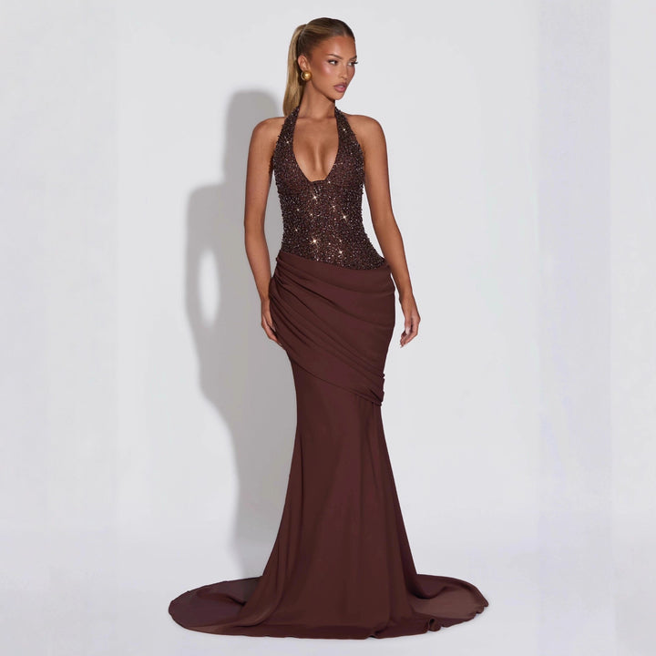 Damen Glamouröses Abendkleid mit tiefem V-Ausschnitt und dekorativen Pailletten Echo Archiv