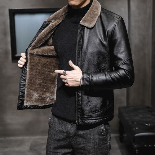 Herren Lederimitat-Fliegerjacke mit Teddyfutter und winddichtem Reißverschluss – Valtoré