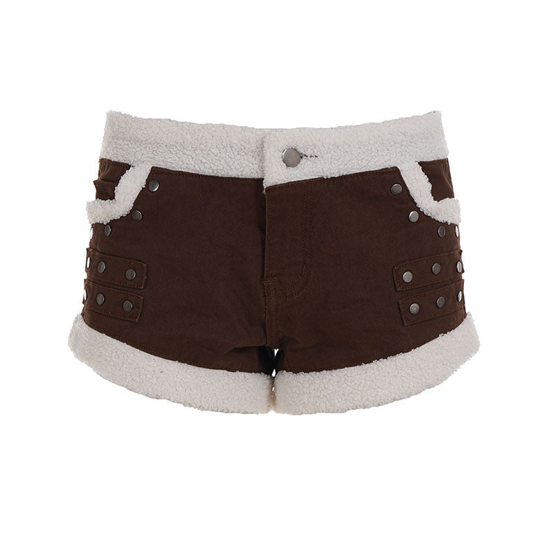 Damen Zarte Biker-Shorts mit Fleece-Besatz und Metallnieten Echo Archiv