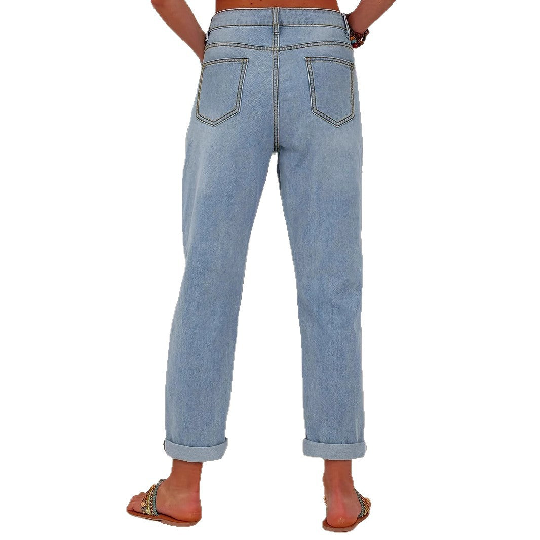 Damen Gerade geschnittene Jeans mit bunten Blumenapplikationen und leichten Destroy-Details Echo Archiv