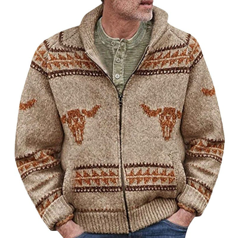 Herren Strickjacke mit einzigartigem Wildwest-Muster und warmem Futter Echoarchiv