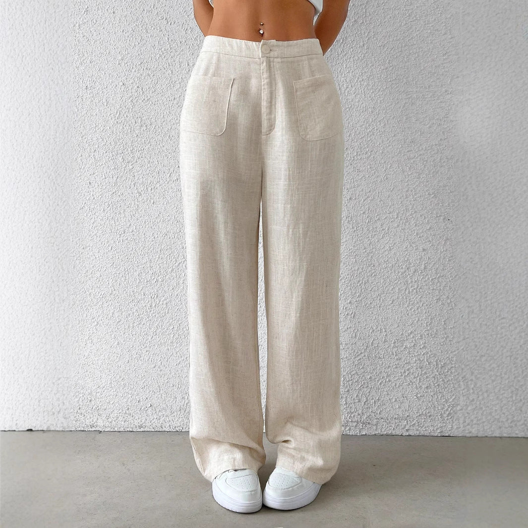 Damen Hochtaillierte Leinenlook Palazzo-Hose mit aufgesetzten Taschen – Avérine
