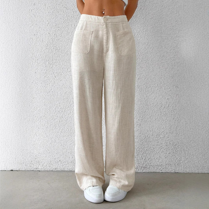 Damen Hochtaillierte Leinenlook Palazzo-Hose mit aufgesetzten Taschen – Avérine