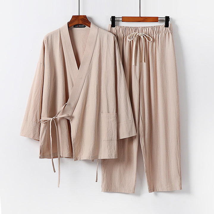 Unisex Leichtes Kimono-Lounge-Set aus weichfallendem Baumwoll-Mix mit Tunnelzughose Echoarchiv