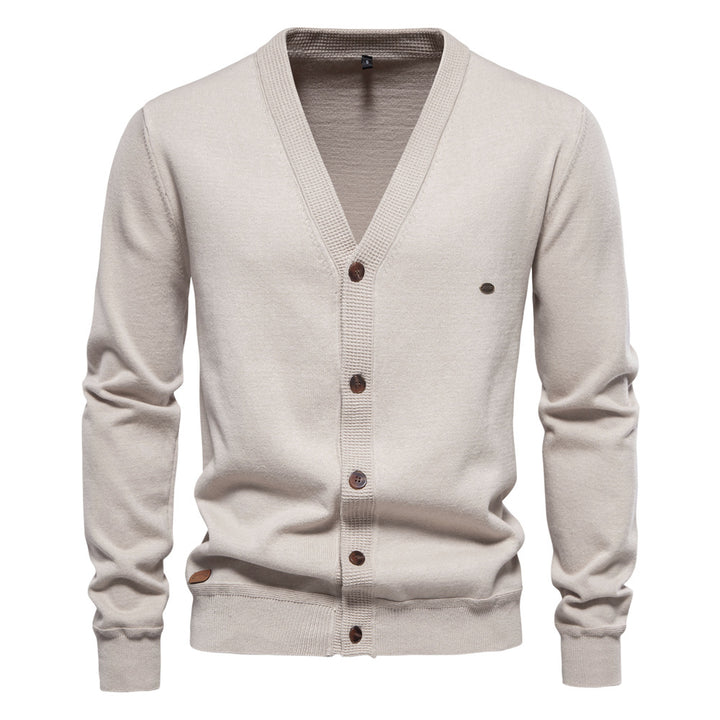 Herren Strickjacke mit V-Ausschnitt und modischen Holzknöpfen Echoarchiv