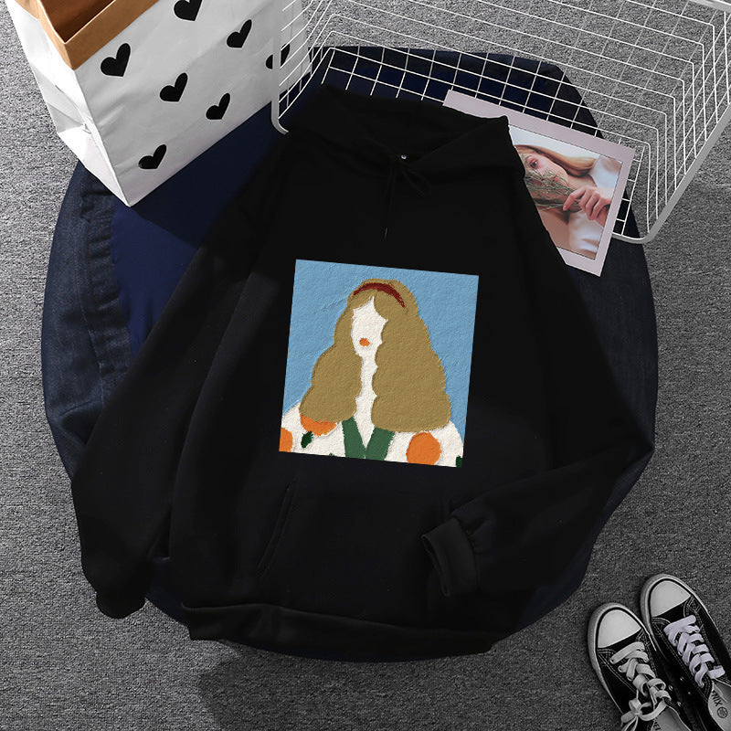 Damen Kapuzenpullover mit kunstvoller Chenille-Stickerei im Portraitstil und Kängurutasche – Auréline