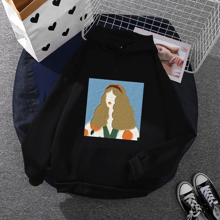 Damen Kapuzenpullover mit kunstvoller Chenille-Stickerei im Portraitstil und Kängurutasche – Auréline